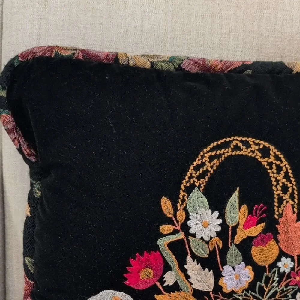 Vintage Black Velvet Floral Embroidered Throw Accent Pillow Floral Tapestry Back